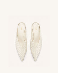 Helena Woven Textured Pointed Toe Mules - Beige