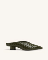 Helena Woven Textured Pointed Toe Mules - Olive Green