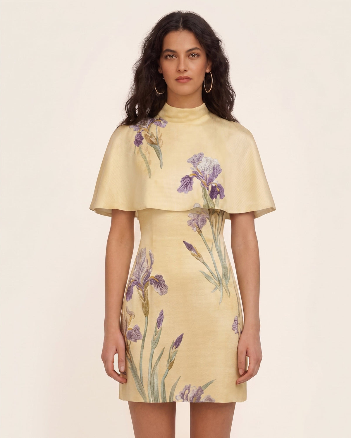 Iris Print Cape Overlay Mini Dress - Soft Yellow