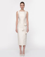 Floral Appliqué Sleeveless Midi Dress - White