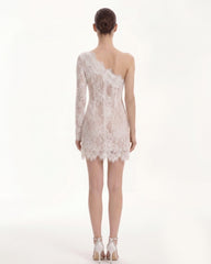 One Shoulder Lace Mini Dress - White
