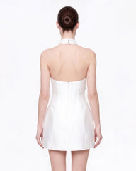 3D Floral Halter Mini Dress - White
