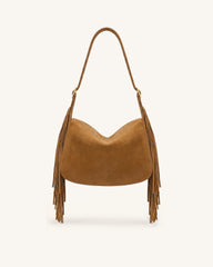 Avery Fringe Faux Suede Shoulder Bag - Brown