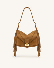 Avery Fringe Faux Suede Shoulder Bag - Brown
