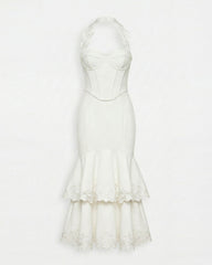 Orchid Embroidered Halter Corset Midi Dress - White
