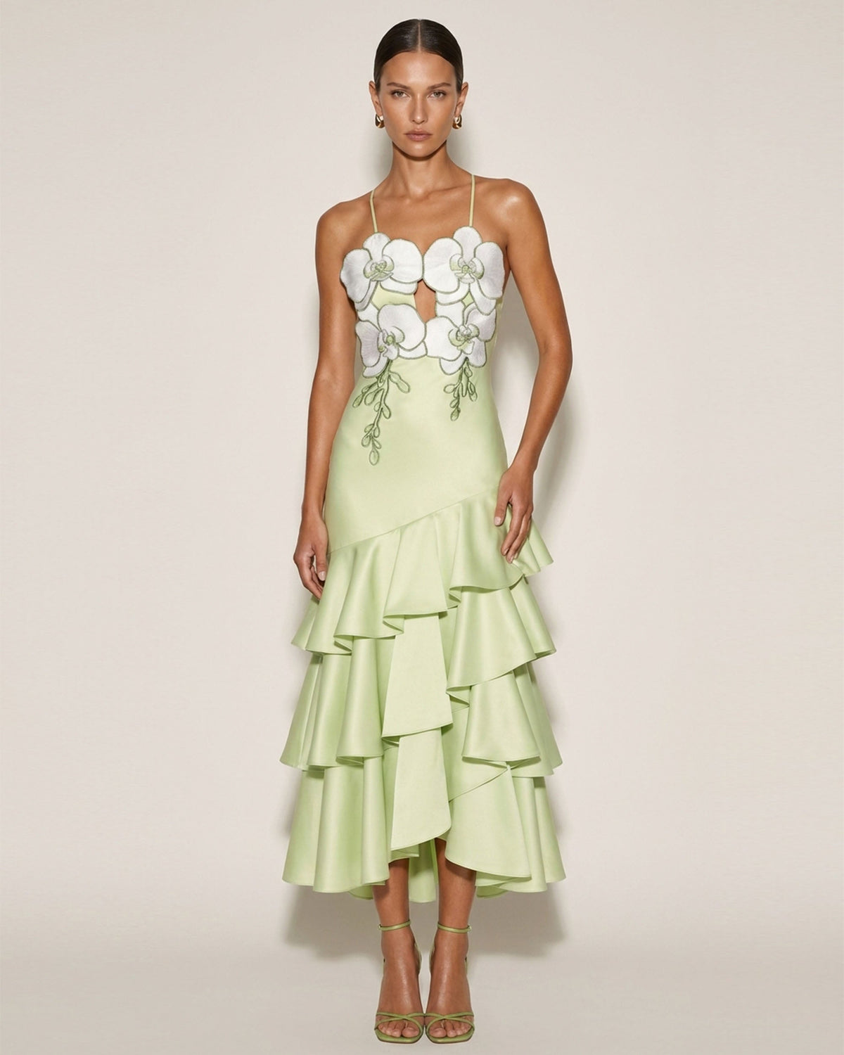 Orchid Embellished Ruffle Midi Dress - Light Green