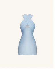 Satin Mini Dress with Tulle Cross-Halter - Blue