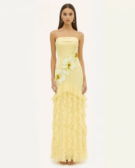 Orchid Embroidered Ruffled Strapless Maxi Dress - Pale Yellow
