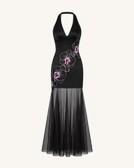 Orchid Embroidered Sheer Hem Halter Maxi Dress -  Black Purple