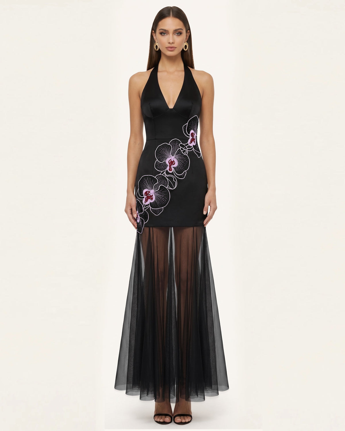 Orchid Embroidered Sheer Hem Halter Maxi Dress -  Black Purple