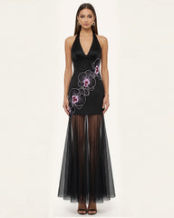 Orchid Embroidered Sheer Hem Halter Maxi Dress -  Black Purple
