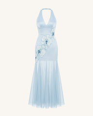 Orchid Embroidered Sheer Hem Halter Maxi Dress - Light Blue