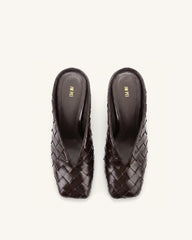 Ellie Woven Square-Toe Mule Heels - Dark Brown