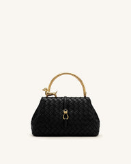 Bruna Woven Dachshund Metal Handle Top Handle Bag -  Black