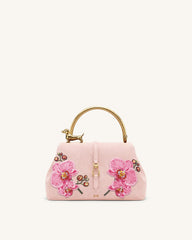 Bruna Faux Suede Embroidered Dachshund Metal Top Handle Bag - Pink