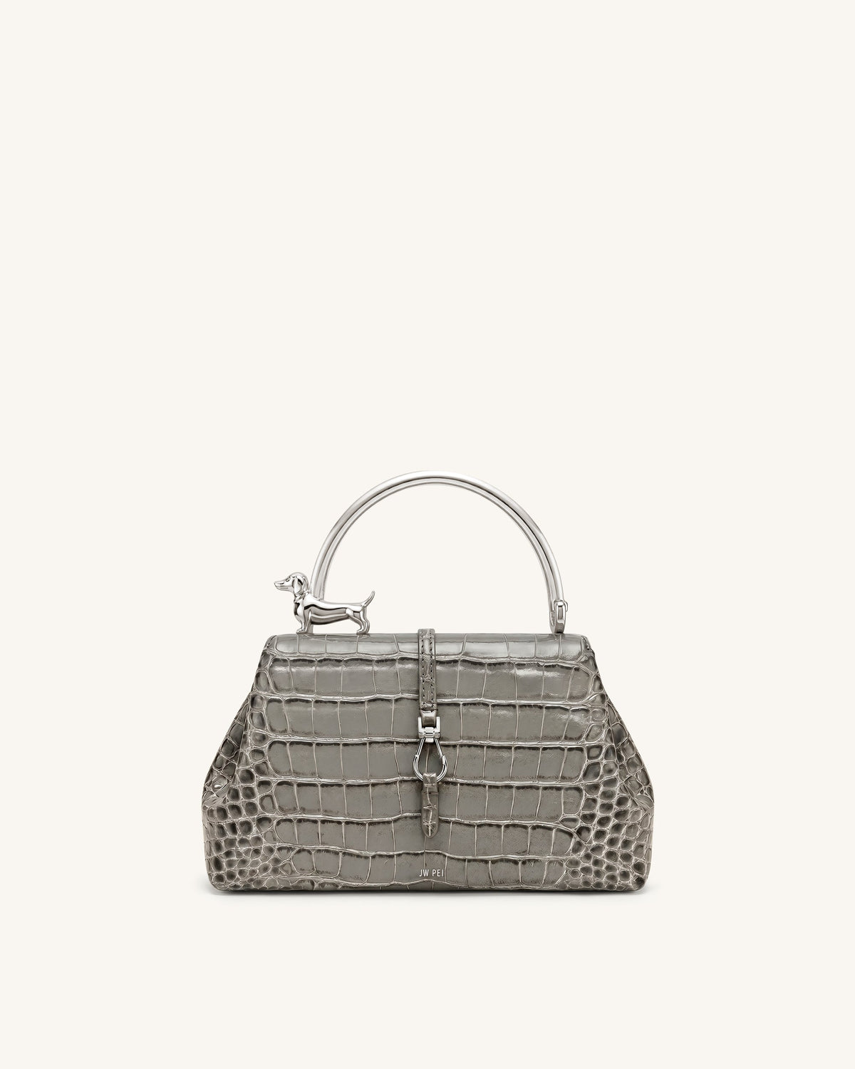 Bruna Dachshund Metal Handle Top Handle Bag - Light Grey Croc