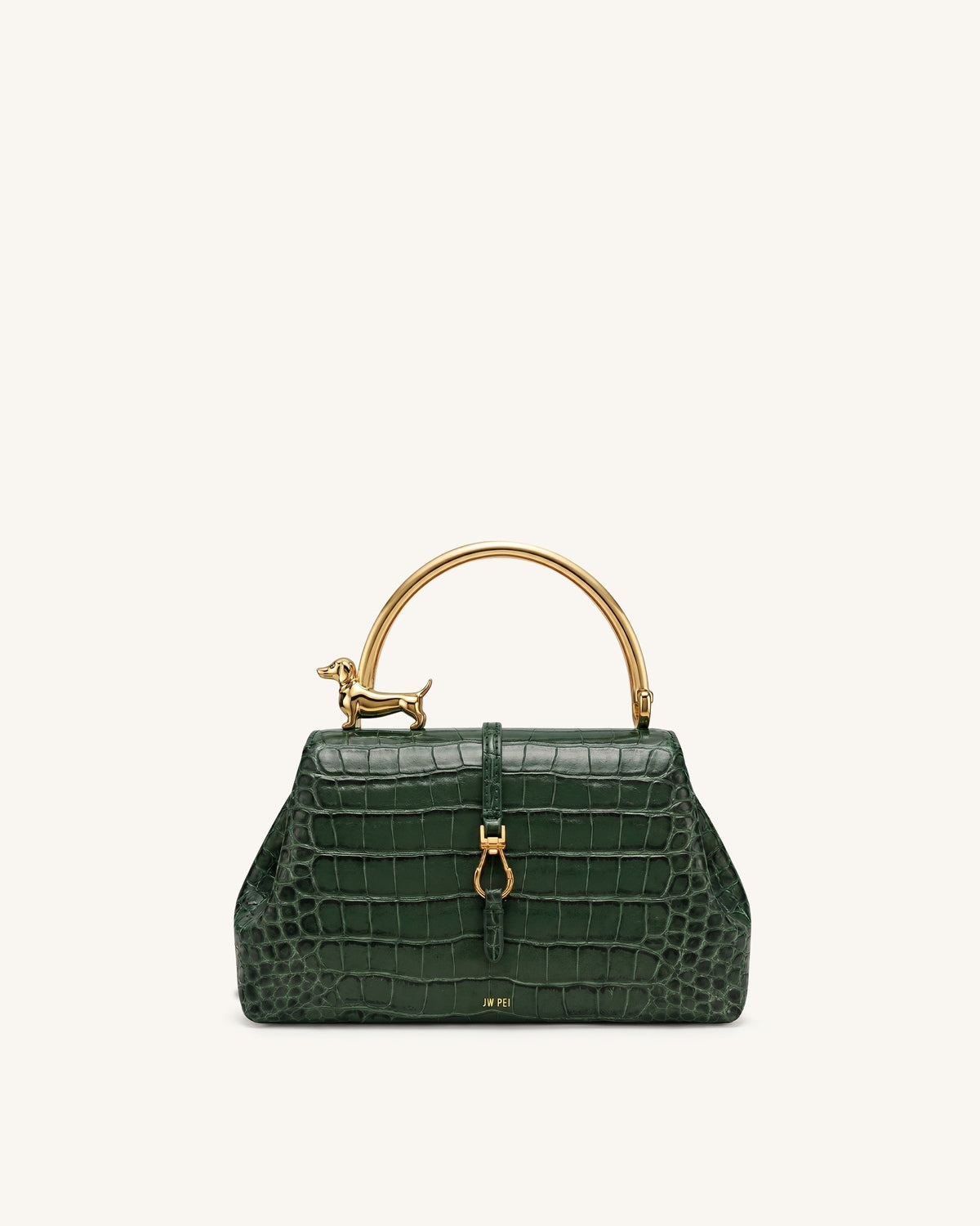 Bruna Dachshund Metal Handle Top Handle Bag - Green Croc