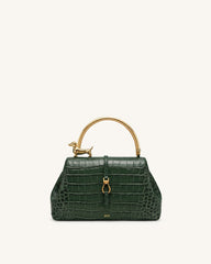 Bruna Dachshund Metal Handle Top Handle Bag - Green Croc