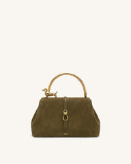 Bruna Faux Suede Dachshund Metal Top Handle Bag - Light Green