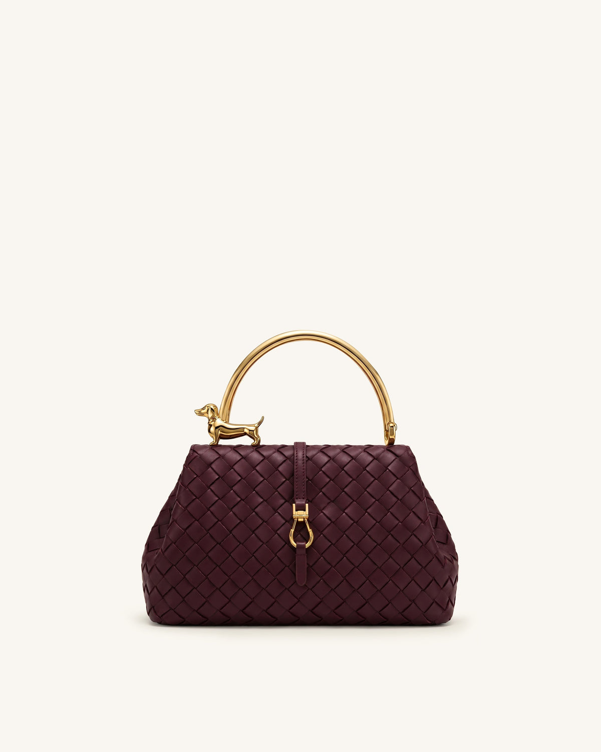 Bruna Woven Dachshund Metal Handle Top Handle Bag - Crimson