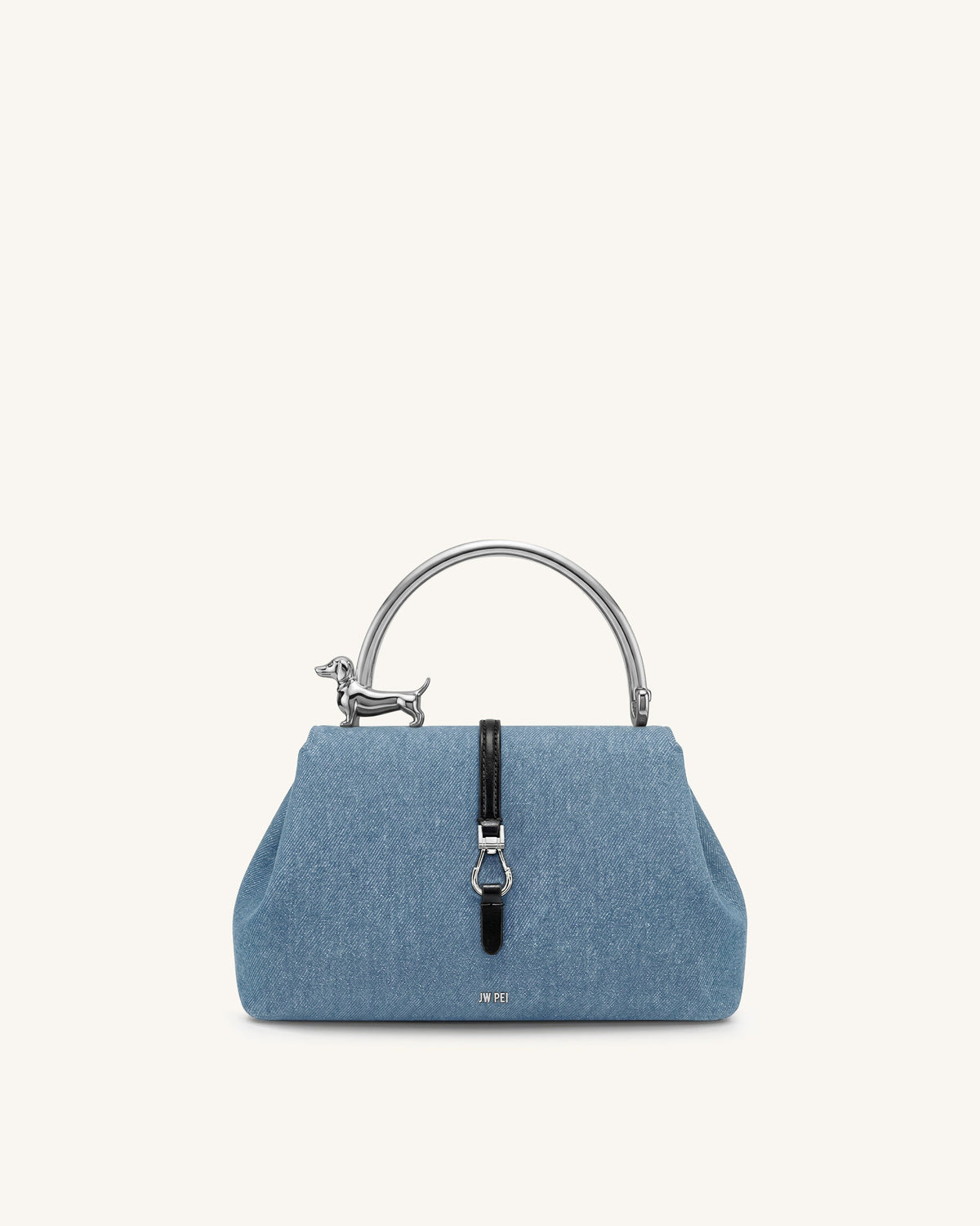 Bruna Dachshund Metal Handle Top Handle Bag - Light Blue Denim