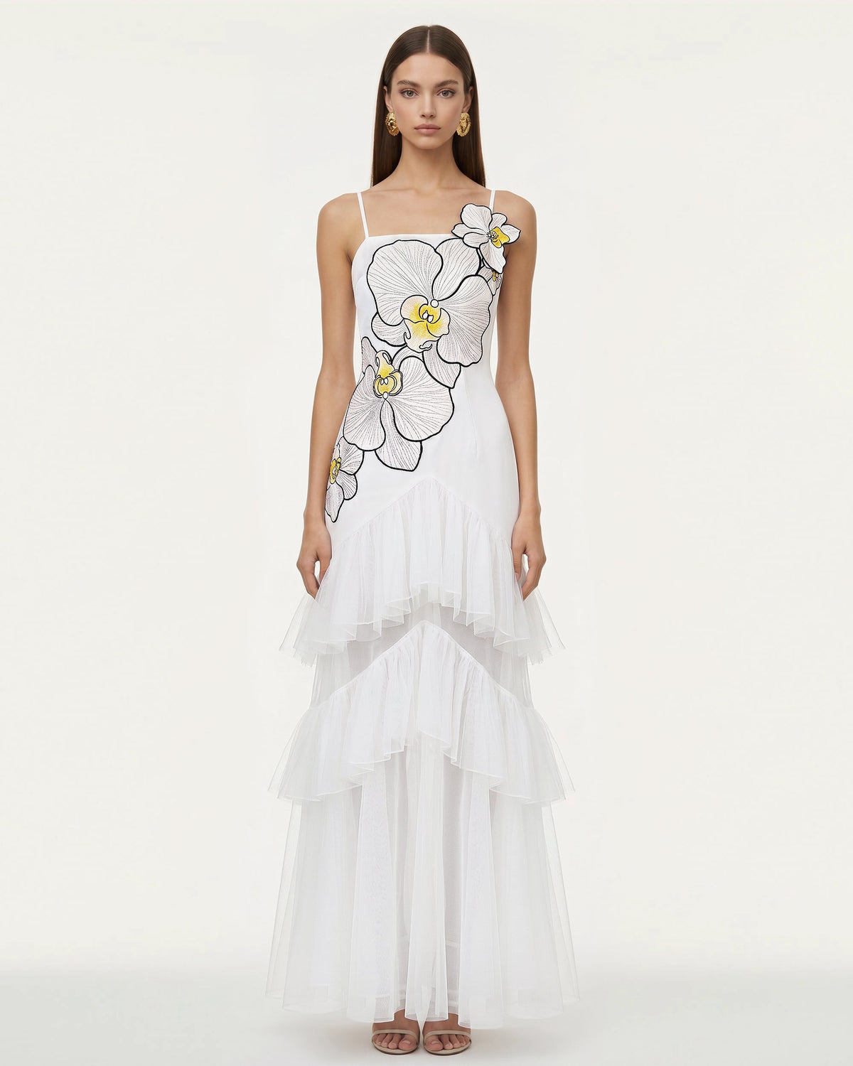 Orchid Embroidered Ruffled Tulle Strapless Maxi Dress - White