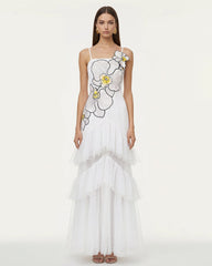 Orchid Embroidered Ruffled Tulle Strapless Maxi Dress - White