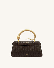 Elena Snake Handle Woven Texture Top Handle Bag - Espresso