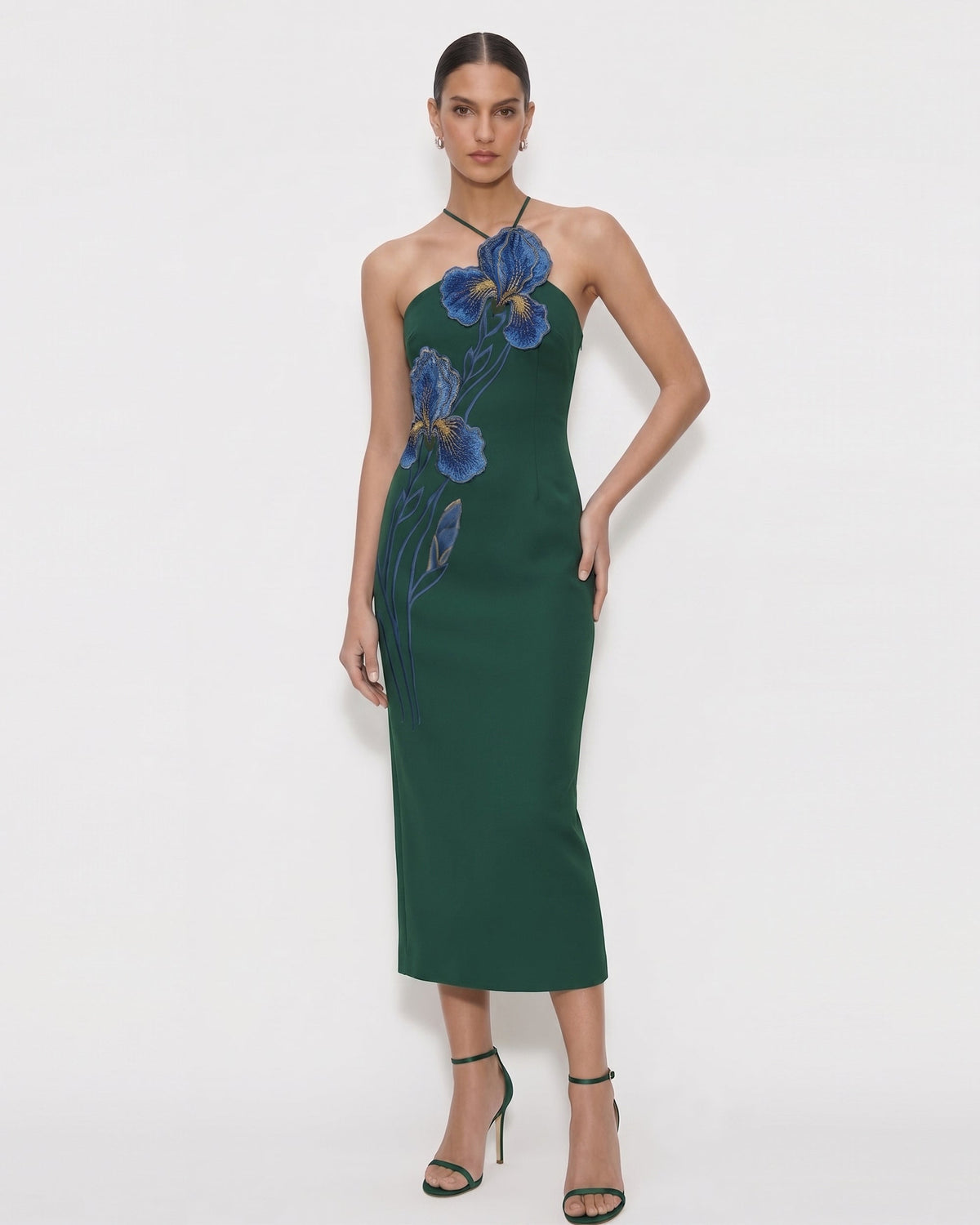 Iris Embroidered Halter Midi Dress - Dark Green