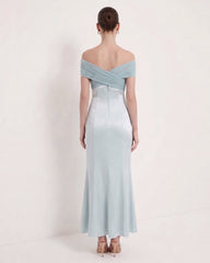 Pleated Cross-Halter Satin Maxi Dress - Dusty Blue