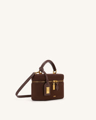 Cleo Faux Suede Box Shape Top Handle Bag - Chocolate Brown