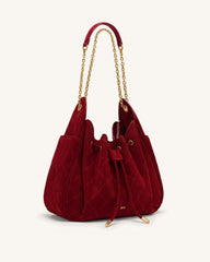 Rowan Faux Suede Quilted Chain Bucket Bag - Dark Red