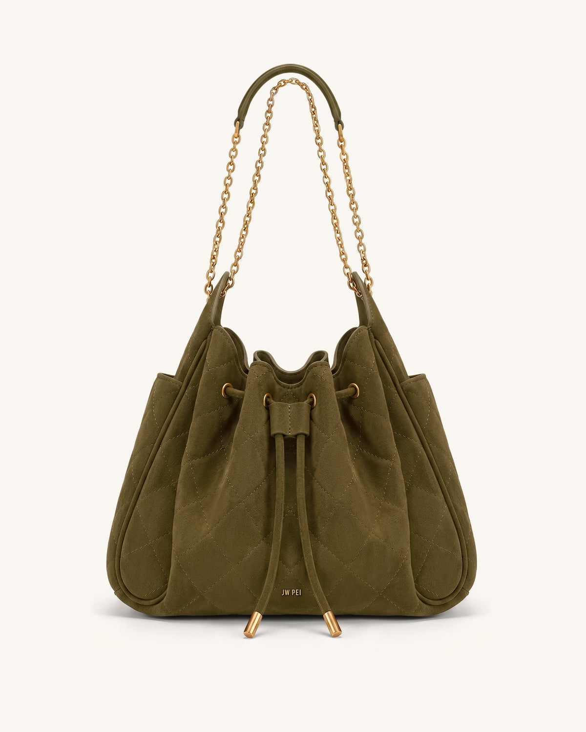 Rowan Faux Suede Quilted Chain Bucket Bag - Olive Green