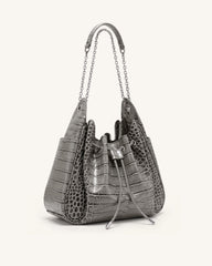 Rowan Ruched Drawstring Chain Bucket Bag - Grey Croc