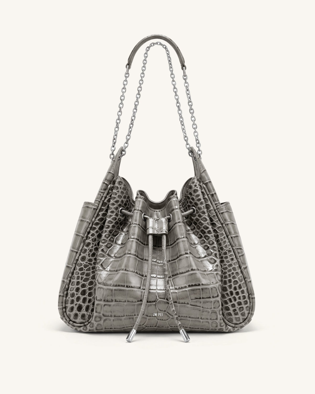 Rowan Ruched Drawstring Chain Bucket Bag - Grey Croc