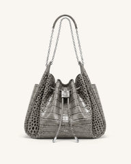 Rowan Ruched Drawstring Chain Bucket Bag - Grey Croc