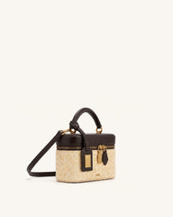 Cleo Faux Straw Box Shape Top Handle Bag - Brown