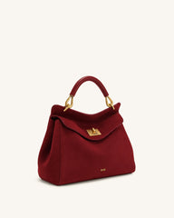 Lucia Classic Faux Suede Top Handle Bag - Deep Burgundy