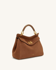 Lucia Classic Faux Suede Top Handle Bag - Dark Red Brown