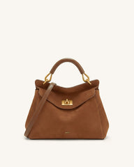 Lucia Classic Faux Suede Top Handle Bag - Dark Red Brown