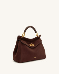 Lucia Classic Faux Suede Top Handle Bag - Dark Brown