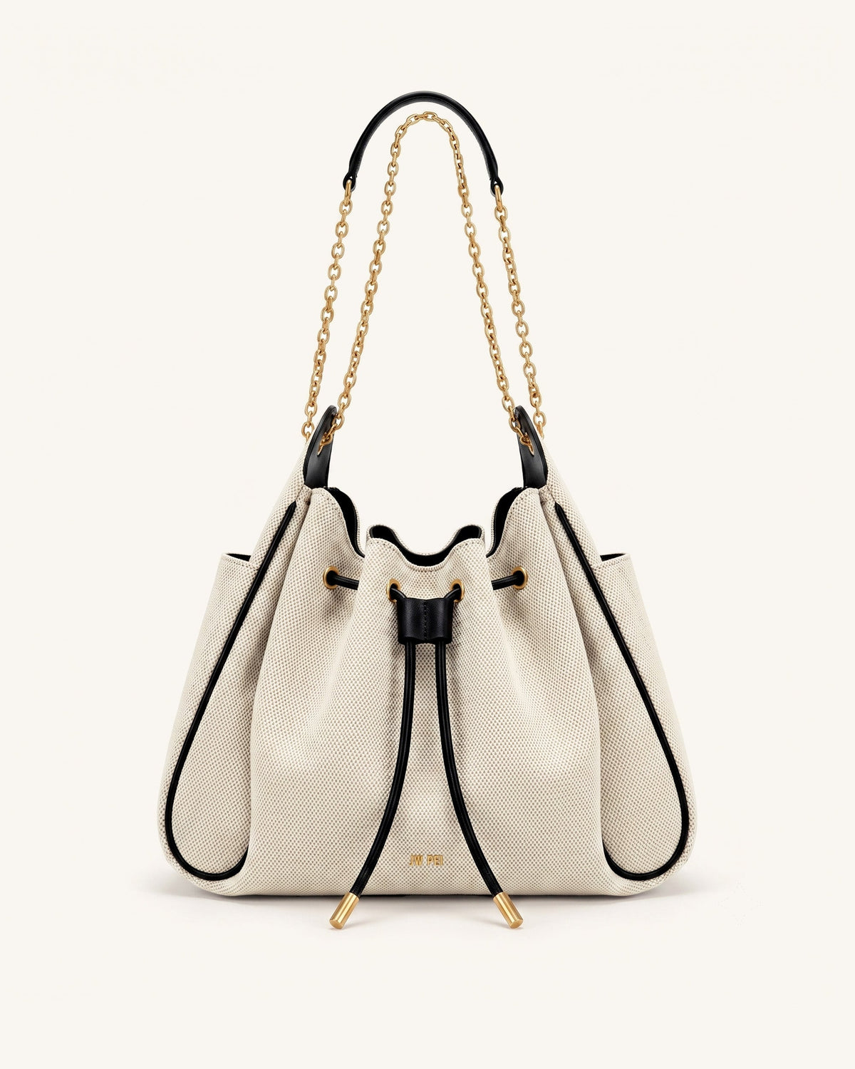Rowan Ruched Drawstring Chain Bucket Bag - Black Canvas