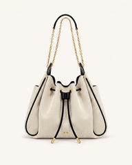 Rowan Ruched Drawstring Chain Bucket Bag - Black Canvas