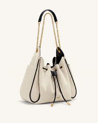 Rowan Ruched Drawstring Chain Bucket Bag - Black Canvas
