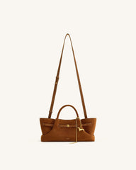Maeve Dachshund Metal Charm Faux Suede Tote Bag - Brown