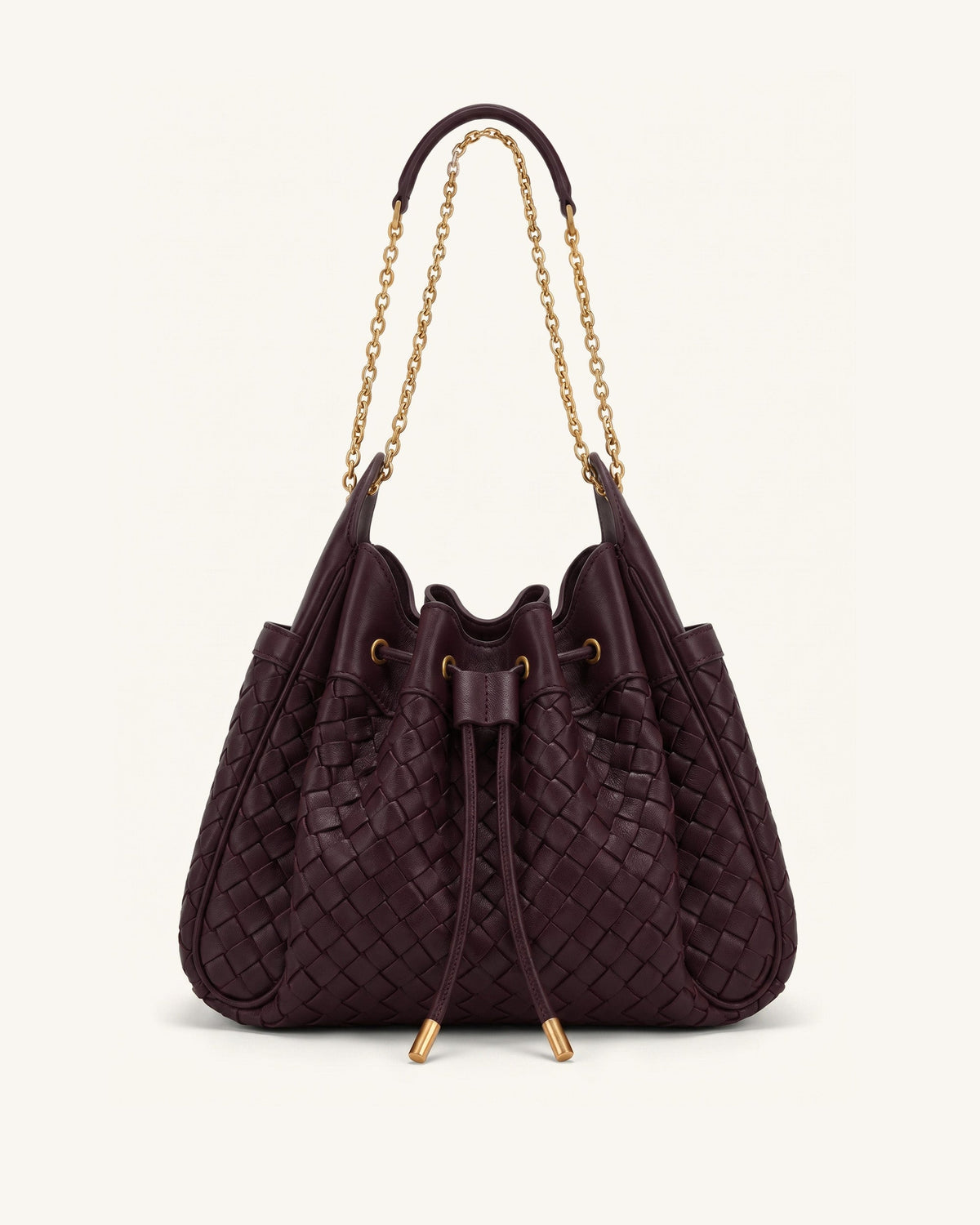 Rowan Weaving Ruched Drawstring Chain Bucket Bag - Dark Cherry
