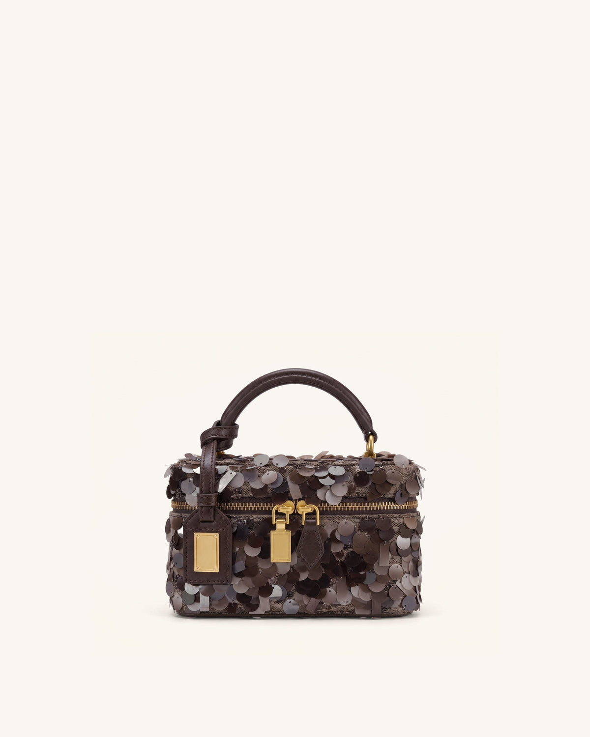 Cleo Metallic Sequin Box Shape Top Handle Bag - Brown