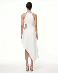 Jeweled Floral Cutout High Neck Dress - White