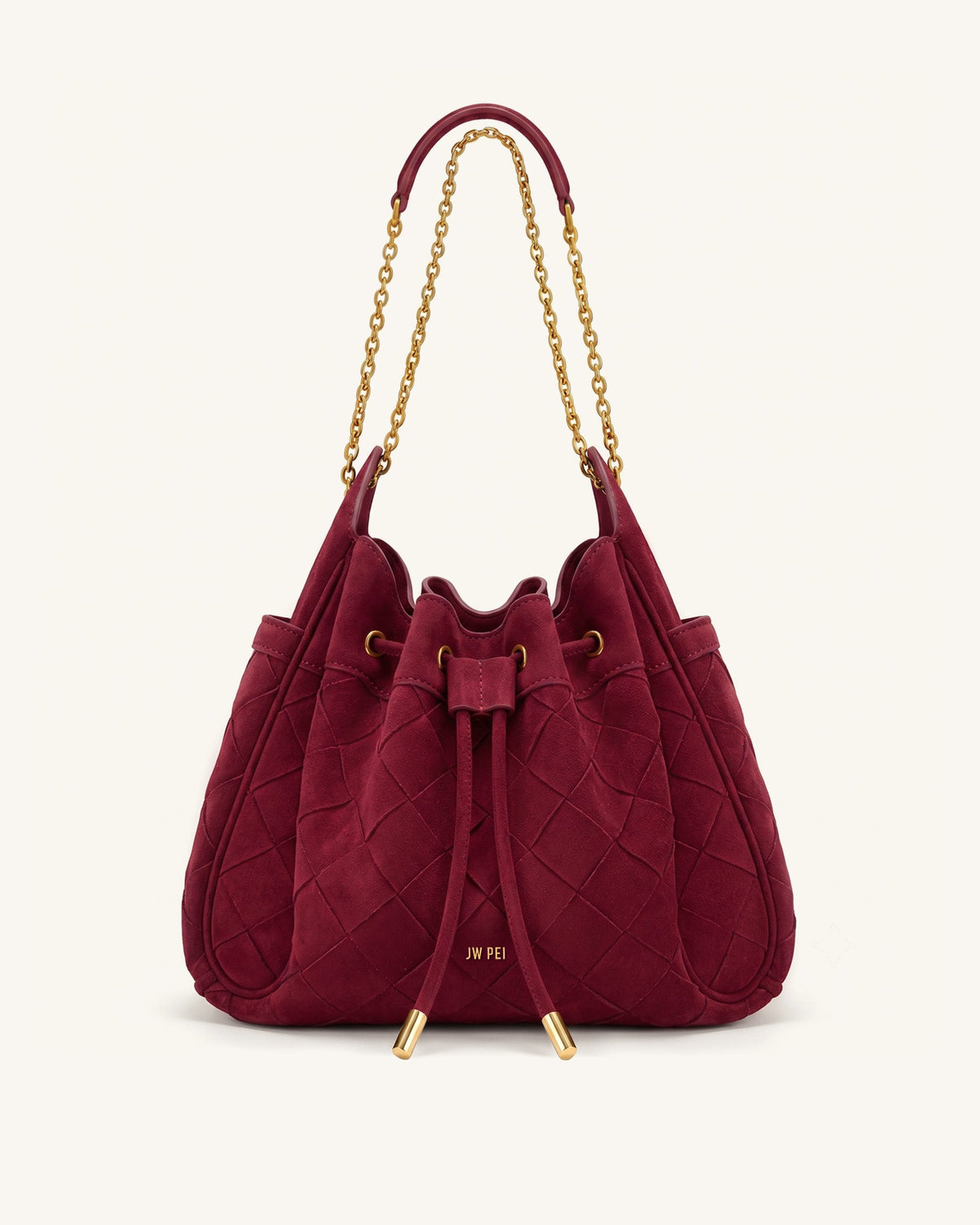 Rowan Faux Suede Weaving Ruched Drawstring Chain Bucket Bag - Dark Cherry