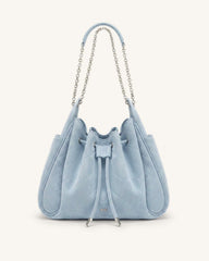 Rowan Faux Suede Quilted Chain Bucket Bag - Blue